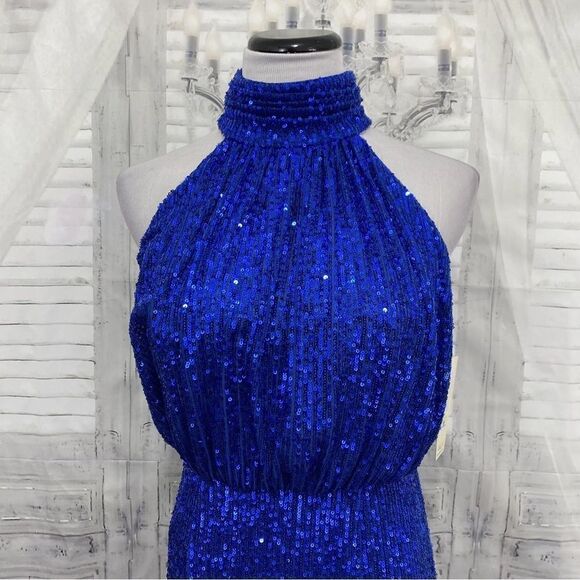 Eliza J Size 8 Blue Halter High Neck Sleeveless Sequin Blouson Dress Cocktail - Picture 3 of 6